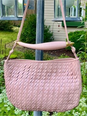 Walter Baker pink/blush Hazel leather woven tote bag, gold tone accent bar.